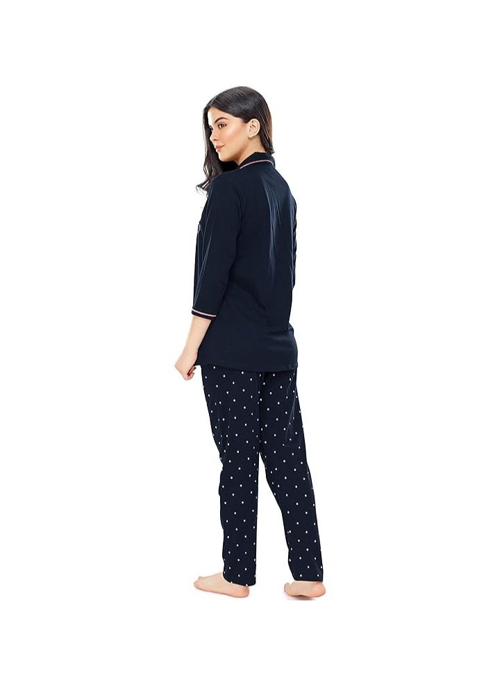Women's Cotton Dot Printed Pajama Set Night Suit Set of Shirt & Pyjama