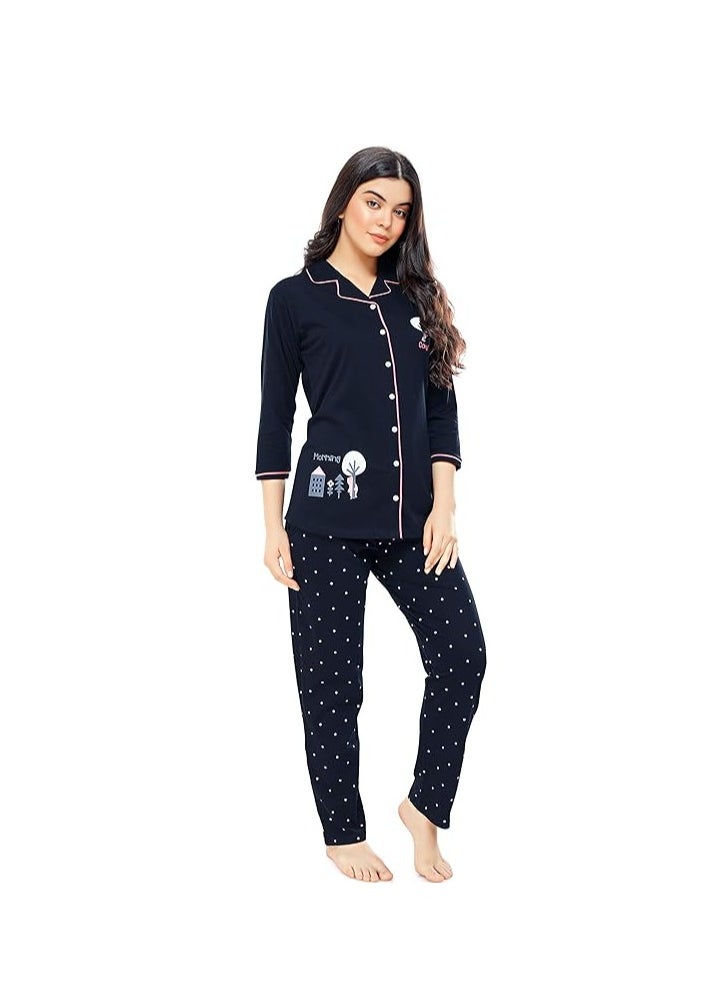 Women's Cotton Dot Printed Pajama Set Night Suit Set of Shirt & Pyjama