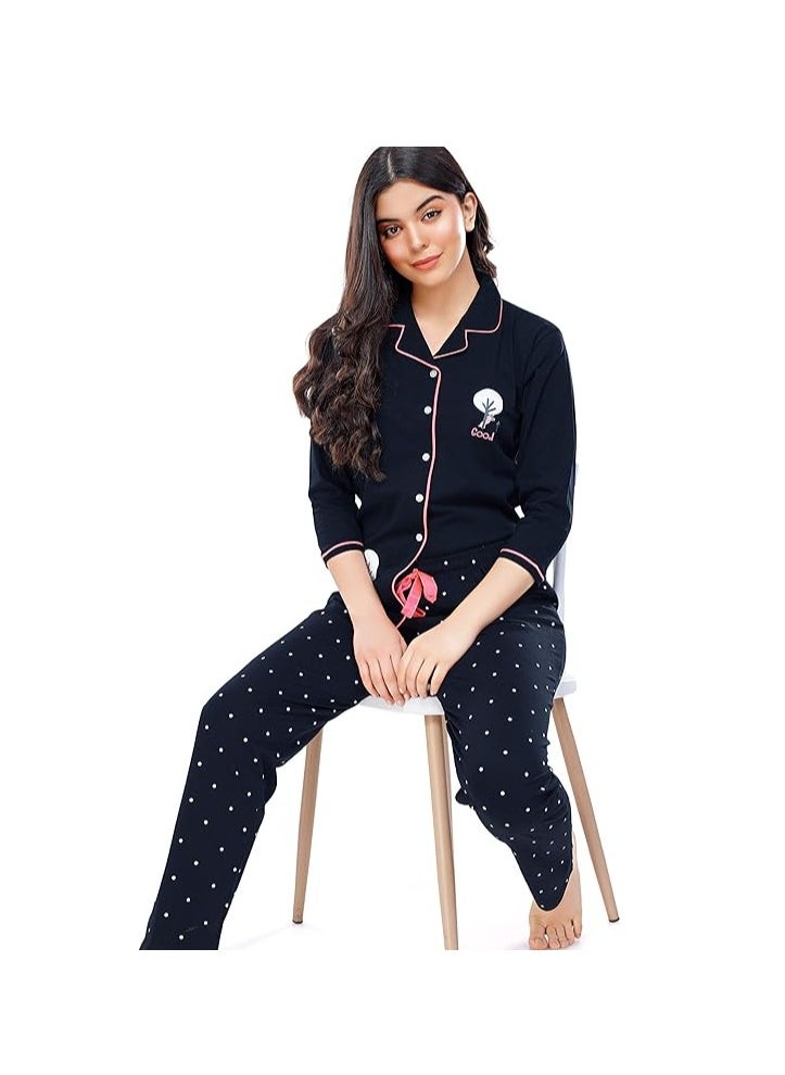 Women's Cotton Dot Printed Pajama Set Night Suit Set of Shirt & Pyjama