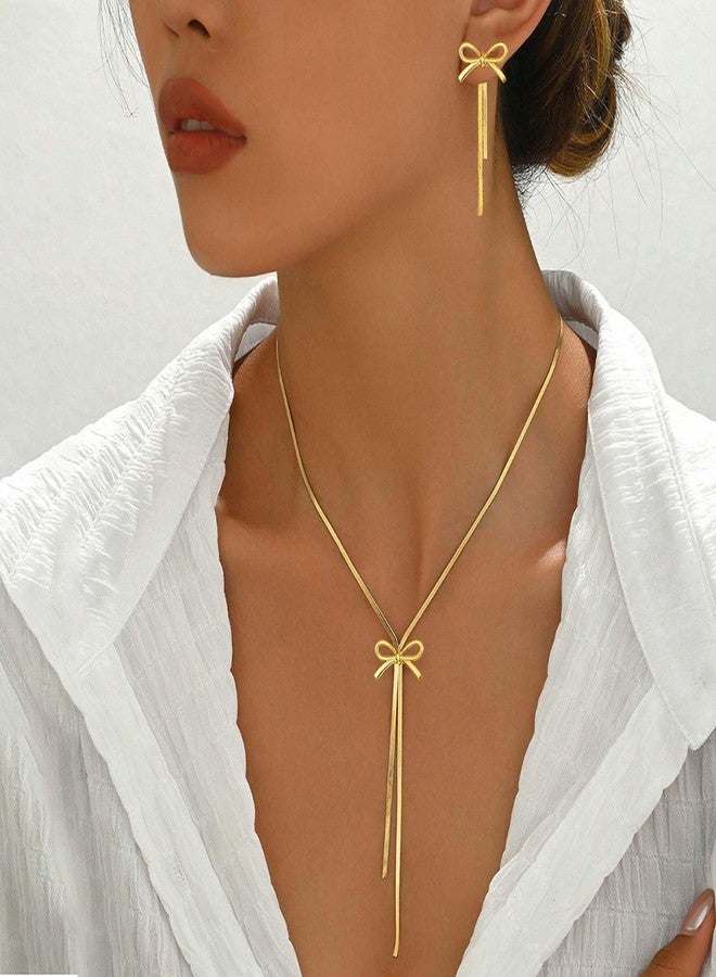 YANCHUN Gold Bow Necklace Earrings Set Dangle Drop Tassel Dainty Elegant Statement Earrings Necklace Dress for Women Accessories Jewelry Gifts, Large, Zinc, No Gemstone - Image 2