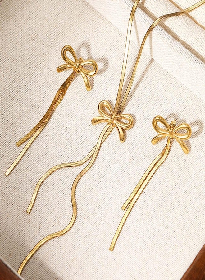 YANCHUN Gold Bow Necklace Earrings Set Dangle Drop Tassel Dainty Elegant Statement Earrings Necklace Dress for Women Accessories Jewelry Gifts, Large, Zinc, No Gemstone - Image 5