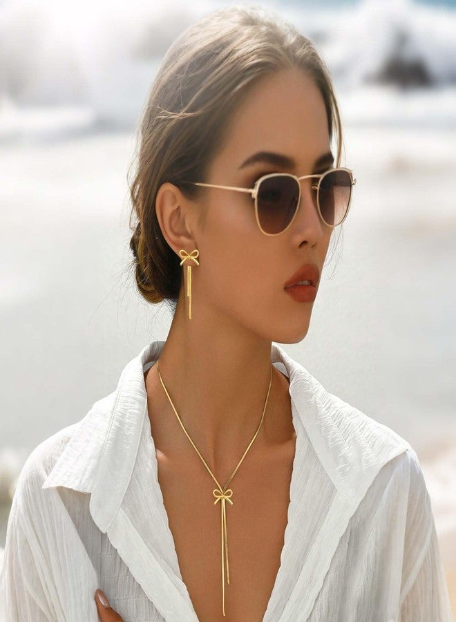 YANCHUN Gold Bow Necklace Earrings Set Dangle Drop Tassel Dainty Elegant Statement Earrings Necklace Dress for Women Accessories Jewelry Gifts, Large, Zinc, No Gemstone - Image 3