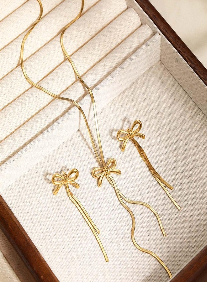 YANCHUN Gold Bow Necklace Earrings Set Dangle Drop Tassel Dainty Elegant Statement Earrings Necklace Dress for Women Accessories Jewelry Gifts, Large, Zinc, No Gemstone - Image 4