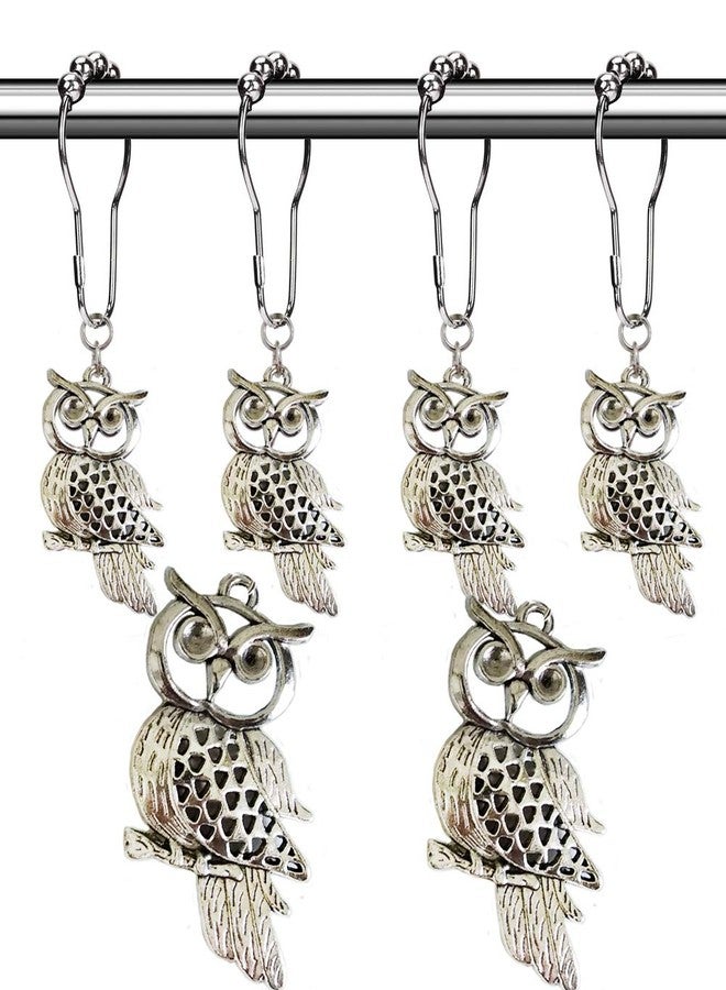 Aimoye Country Shower Curtain Hooks - Rust Proof Brushed Nickel Rings with Owl Pendant Accessories Set - Decorative Metal Shower Curtain Hooks and Rings for Bathroom Shower Curtain Rods, Set of 12 - Image 1