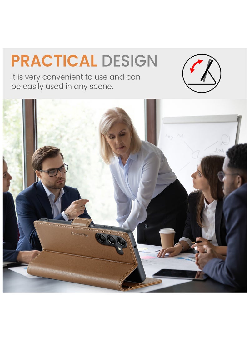 حافظة لهاتف سامسونج جالاكسي ايه 14 4 جرام / 5 جرام مسند جلدي مضاد للخدش فتحة للبطاقات جيب للمال بني - Image 5