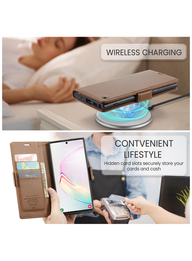 حافظة لهاتف سامسونج جالاكسي ايه 14 4 جرام / 5 جرام مسند جلدي مضاد للخدش فتحة للبطاقات جيب للمال بني - Image 4