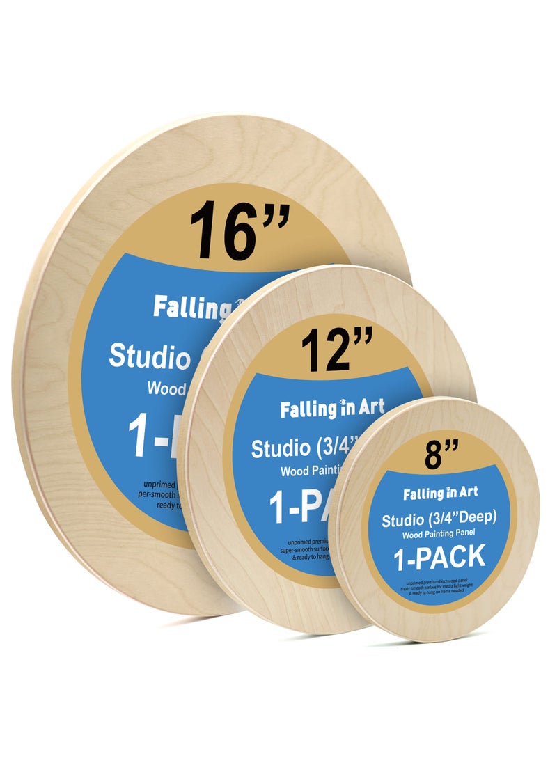 Falling In art Falling in Art Unfinished Round Birch Wood Canvas Panels Kit Falling in Art 3 Pack of 3 Sizes 8 12 and 16 Studio 34 Deep Cradle Boards for Pouring Art Crafts Painting and More 
