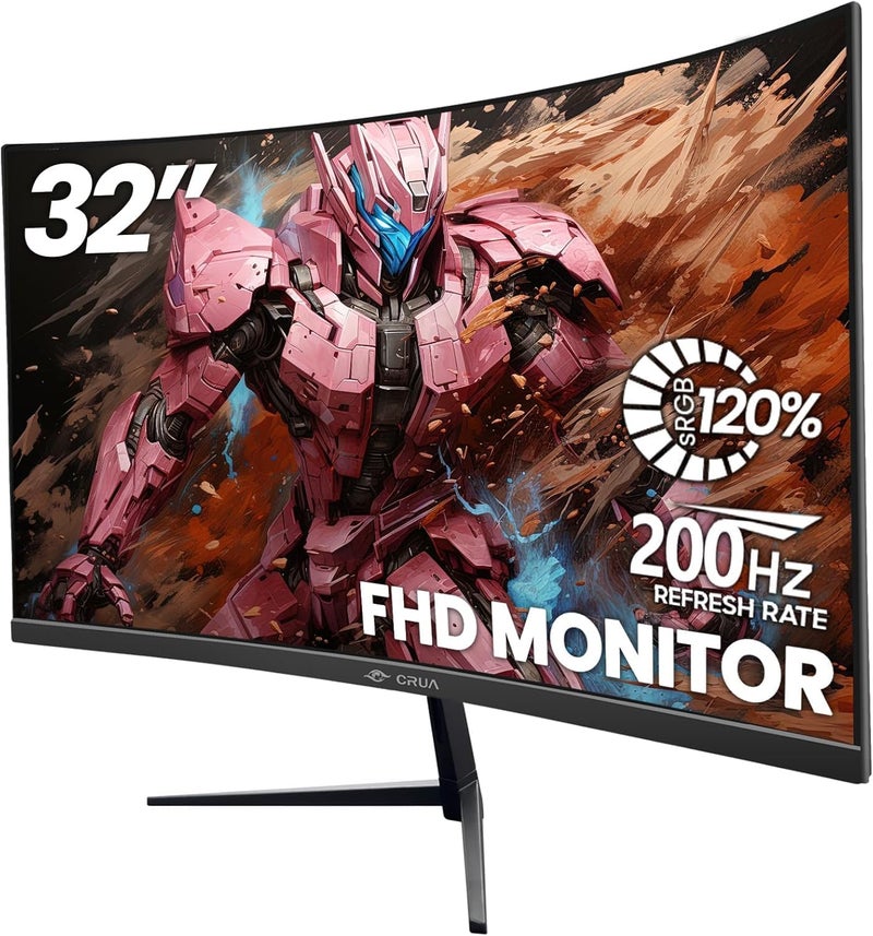 CRUA شاشة ألعاب 32 بوصة منحنية 1800R 200Hz، دقة FHD (1920x1080) 1080P، 120% sRGB، FreeSync، سرعة 1ms (GTG)، مناسبة للألعاب الإلكترونية والمكتب المنزلي والترفيه - Image 1