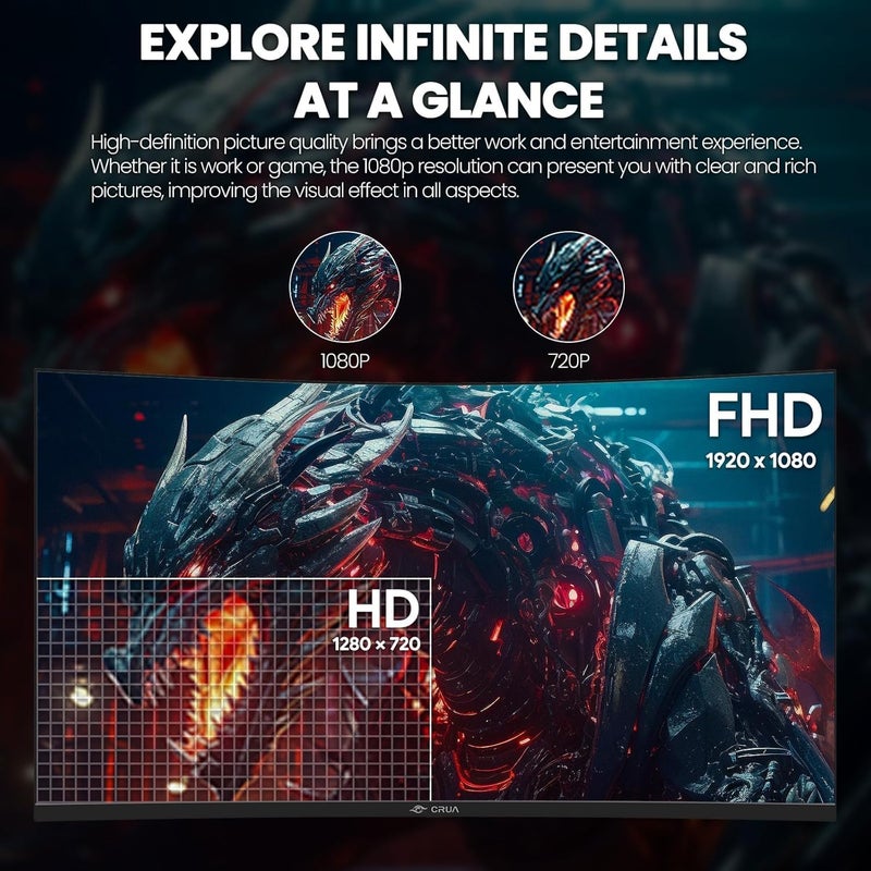 CRUA شاشة ألعاب 32 بوصة منحنية 1800R 200Hz، دقة FHD (1920x1080) 1080P، 120% sRGB، FreeSync، سرعة 1ms (GTG)، مناسبة للألعاب الإلكترونية والمكتب المنزلي والترفيه - Image 2