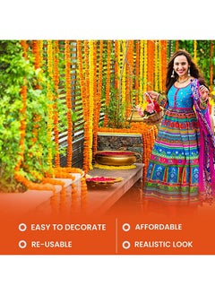 Home Buy Artificial Genda Phool For Decoration Flowers For Decoration Garland With Bell For Diwali & Festivals | 5 Feet Long 10 Pcs With 2 Diya (Orange+ Yellow) (Bell Y+O), 5 Centimeters  - Image 3