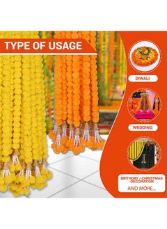 Home Buy Artificial Genda Phool For Decoration Flowers For Decoration Garland With Bell For Diwali & Festivals | 5 Feet Long 10 Pcs With 2 Diya (Orange+ Yellow) (Bell Y+O), 5 Centimeters  - Image 4