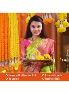 Home Buy Artificial Genda Phool For Decoration Flowers For Decoration Garland With Bell For Diwali & Festivals | 5 Feet Long 10 Pcs With 2 Diya (Orange+ Yellow) (Bell Y+O), 5 Centimeters  - Image 2