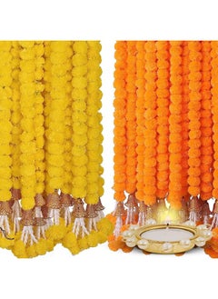 Home Buy Artificial Genda Phool For Decoration Flowers For Decoration Garland With Bell For Diwali & Festivals | 5 Feet Long 10 Pcs With 2 Diya (Orange+ Yellow) (Bell Y+O), 5 Centimeters  - Image 1