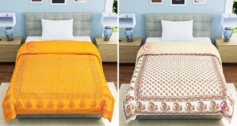 WORLDNEX 400 TC Pure Cotton Jaipuri Design Printed Light Weight Traditional Rajasthani Print Single Bed Quilt/Razai/Rajai (Design 28, Single Bed - Set of 2 Combo Set) - Image 3