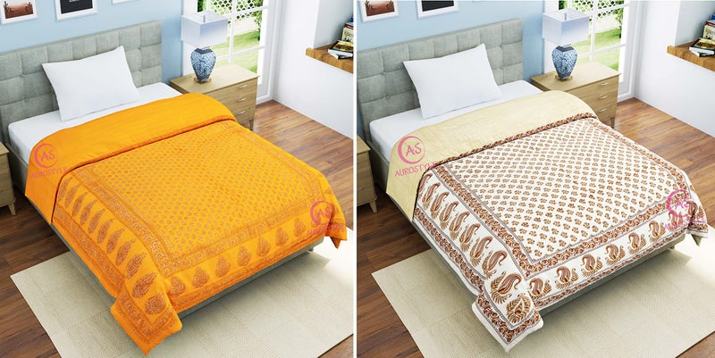 WORLDNEX 400 TC Pure Cotton Jaipuri Design Printed Light Weight Traditional Rajasthani Print Single Bed Quilt/Razai/Rajai (Design 28, Single Bed - Set of 2 Combo Set) - Image 2