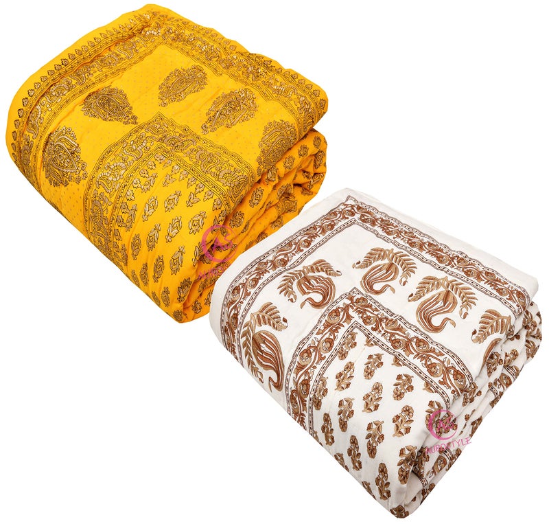 WORLDNEX 400 TC Pure Cotton Jaipuri Design Printed Light Weight Traditional Rajasthani Print Single Bed Quilt/Razai/Rajai (Design 28, Single Bed - Set of 2 Combo Set) - Image 4