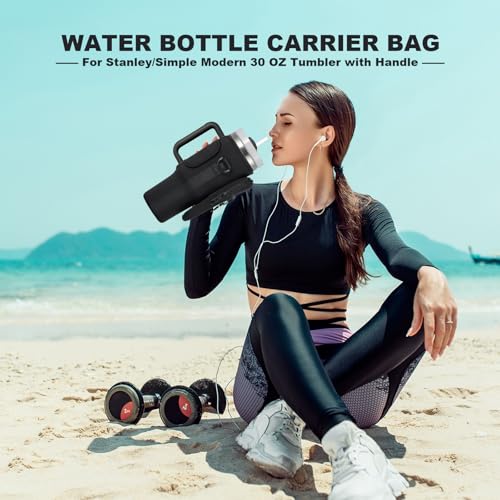 BULKITEM 30oz Water Bottle Carrier Bag with Phone Pocket for Black Stanley 30 oz Tumbler with Handle, Black Insulated Neoprene Cup Holder Pouch Strap for Valentines Stanley Cup Accessories - Image 2