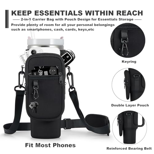 BULKITEM 30oz Water Bottle Carrier Bag with Phone Pocket for Black Stanley 30 oz Tumbler with Handle, Black Insulated Neoprene Cup Holder Pouch Strap for Valentines Stanley Cup Accessories - Image 3