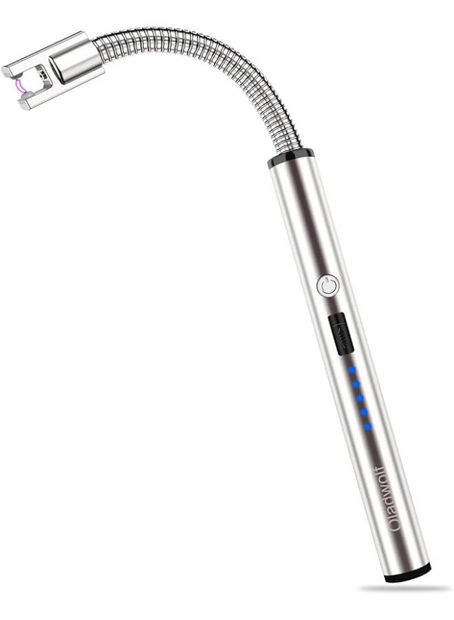 Rechargeable 360° Windproof Flameless Electric Arc Lighter with Long Neck Type C, Battery LED Display, and Silver Safety Switch, 26 x 1.5 x 1.5cm - Image 2