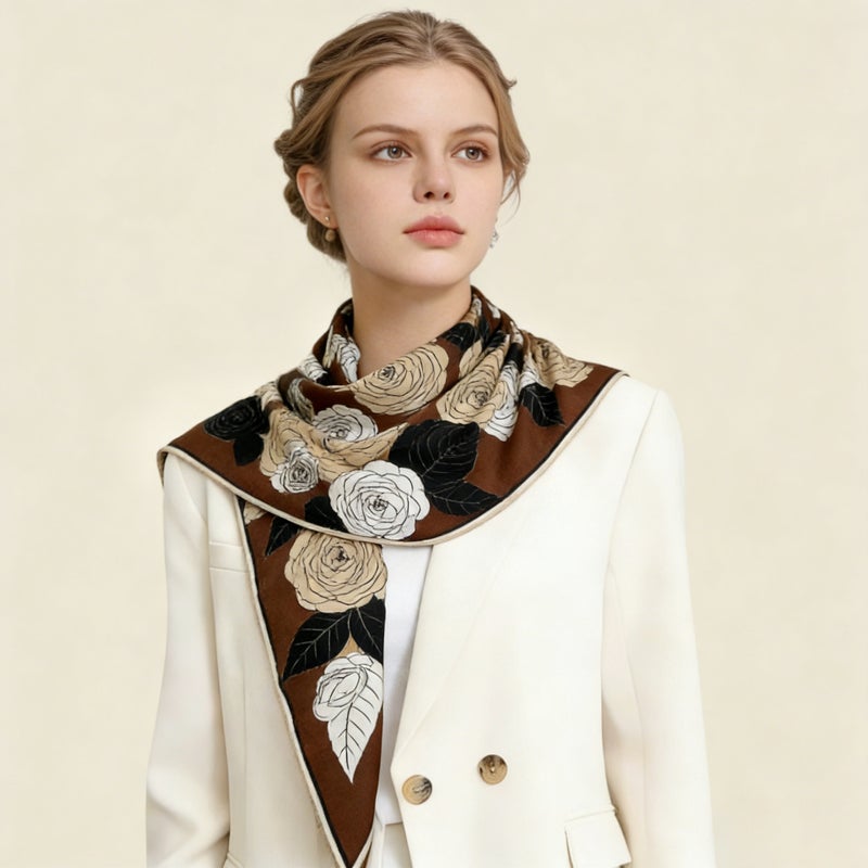 2026 Korean Version Spring and Autumn Women''s Velvet Printed Silk Scarf Camellia Triangle Scarf Accessory Travel Outerwear Shawl - Image 3
