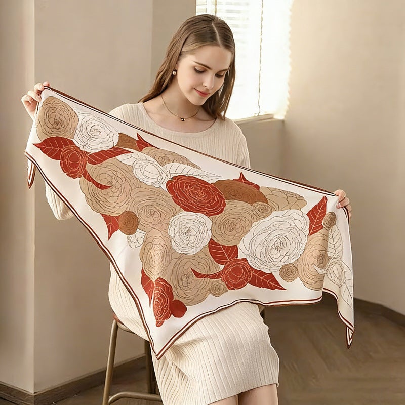 2026 Korean Version Spring and Autumn Women''s Velvet Printed Silk Scarf Camellia Triangle Scarf Accessory Travel Outerwear Shawl - Image 2
