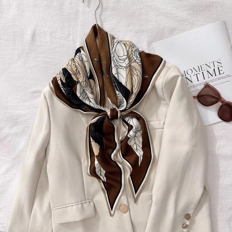 2026 Korean Version Spring and Autumn Women''s Velvet Printed Silk Scarf Camellia Triangle Scarf Accessory Travel Outerwear Shawl - Image 1