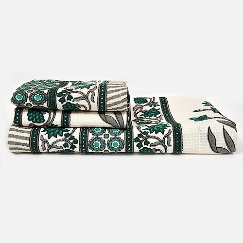 EasyGoods® Waffle Towels Beautiful Pure Cotton Hand Block Printed Soft Water Absorbent Towels- Pack of 3-1 Bath Towel and 2 Hand Towels Floral Printed 100% Cotton Towels for Bath, Face(Garden Green) - Image 3