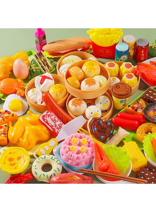 Children's Play Breakfast Kitchen Toy Simulation Dim Sum Steamer Pack Combination Baby Breakfast Pizza Hamburger Set-Color:Simulation Steamer Breakfast 【81-piece Set】 Bag - Image 2