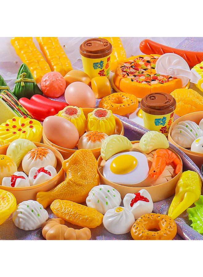 Children's Play Breakfast Kitchen Toy Simulation Dim Sum Steamer Pack Combination Baby Breakfast Pizza Hamburger Set-Color:Simulation Steamer Breakfast 【81-piece Set】 Bag - Image 3