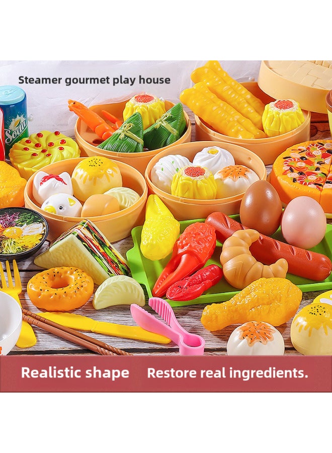 Children's Play Breakfast Kitchen Toy Simulation Dim Sum Steamer Pack Combination Baby Breakfast Pizza Hamburger Set-Color:Simulation Steamer Breakfast 【81-piece Set】 Bag - Image 4