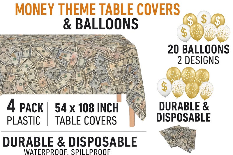Oojami 4 Pack Dollar Bills Bling Bling Big Bucks Money Theme Table Cover Tablecloth Includes 20 Balloons Ideal for Birthday Decorations Party Supplies - Image 2