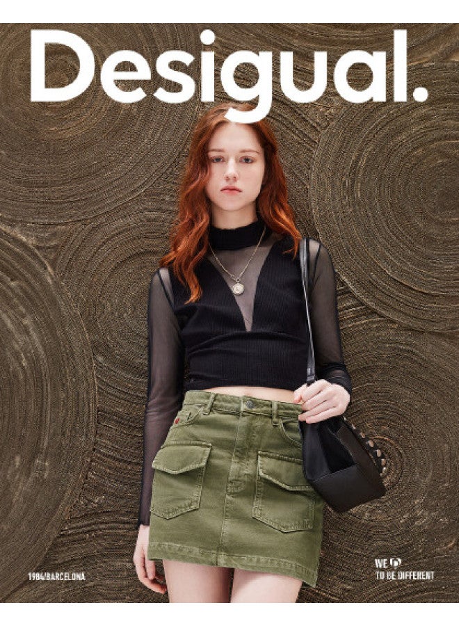 DESIGUAL تنورة جينز مغسولة مطرزة - تنورة ميني أنيقة للعمل - Image 1