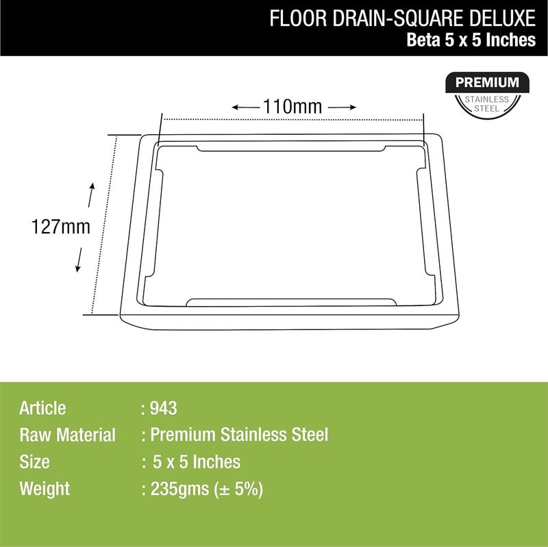 Lipka LIPKA Beta Deluxe Square Floor Drain Premium Stainless Steel 5 x 5 Inches - Image 2