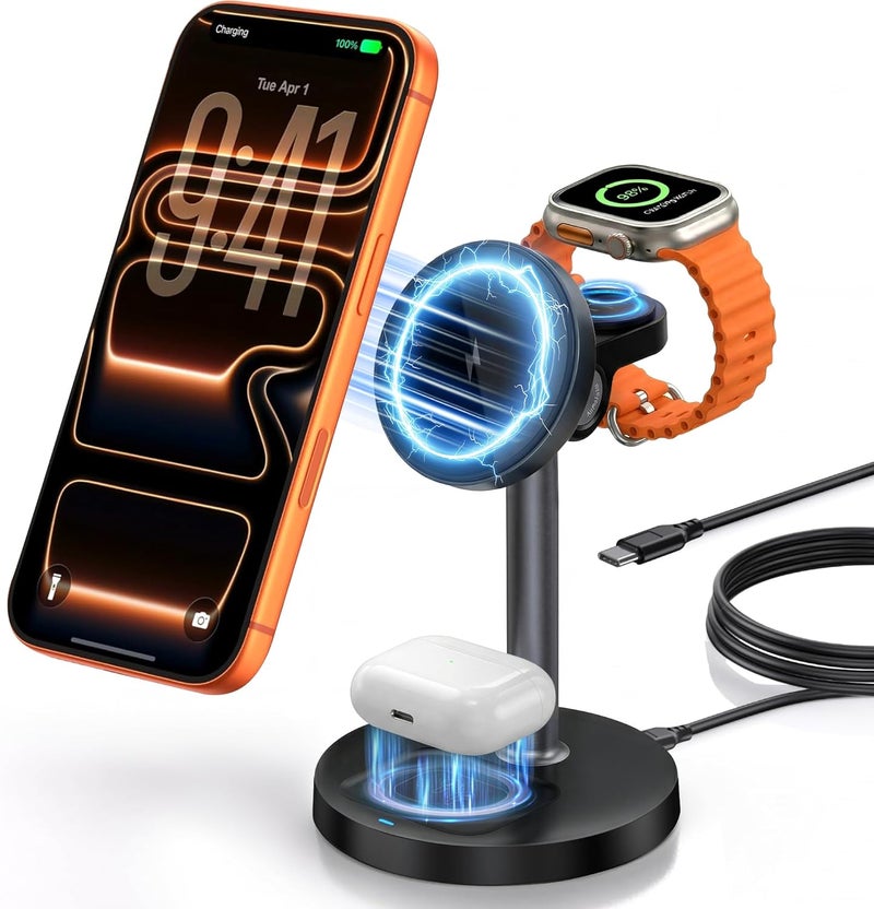 Garlo 3 in 1 Wireless Charger Station for Apple iPhone & Airpods & Watch with MagSafe charging Stand, 15W Magnetic Fast Charging Stand, Wireless Charger Station for Samsung & iPhone 17 16 15 14 13 12 - Image 1