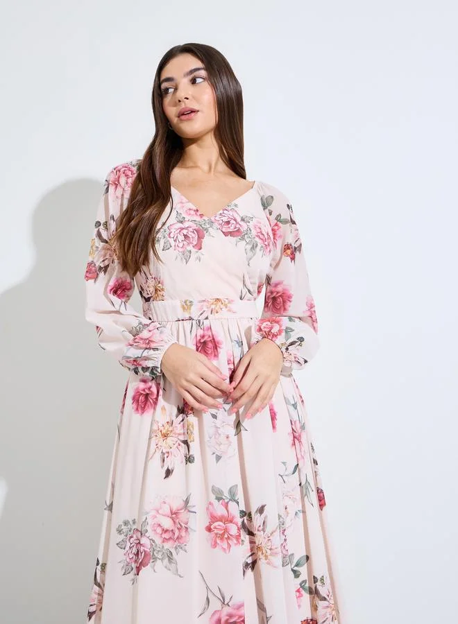 Styli Floral Print Long Sleeves A-Line Maxi Dress