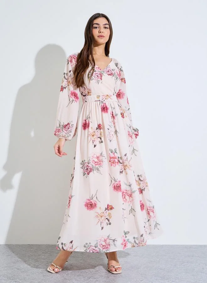 Styli Floral Print Long Sleeves A-Line Maxi Dress