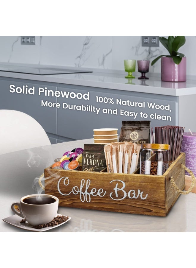 DOUGEI Coffee Station Organizer with Small Removable Dividers, Wooden Coffee Bar Accessories Storage For Countertop, Farmhouse cup Coffee Pod Holder Basket With Handle For Coffee Lover - Image 4