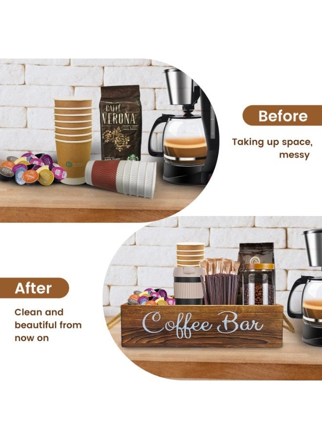 DOUGEI Coffee Station Organizer with Small Removable Dividers, Wooden Coffee Bar Accessories Storage For Countertop, Farmhouse cup Coffee Pod Holder Basket With Handle For Coffee Lover - Image 3