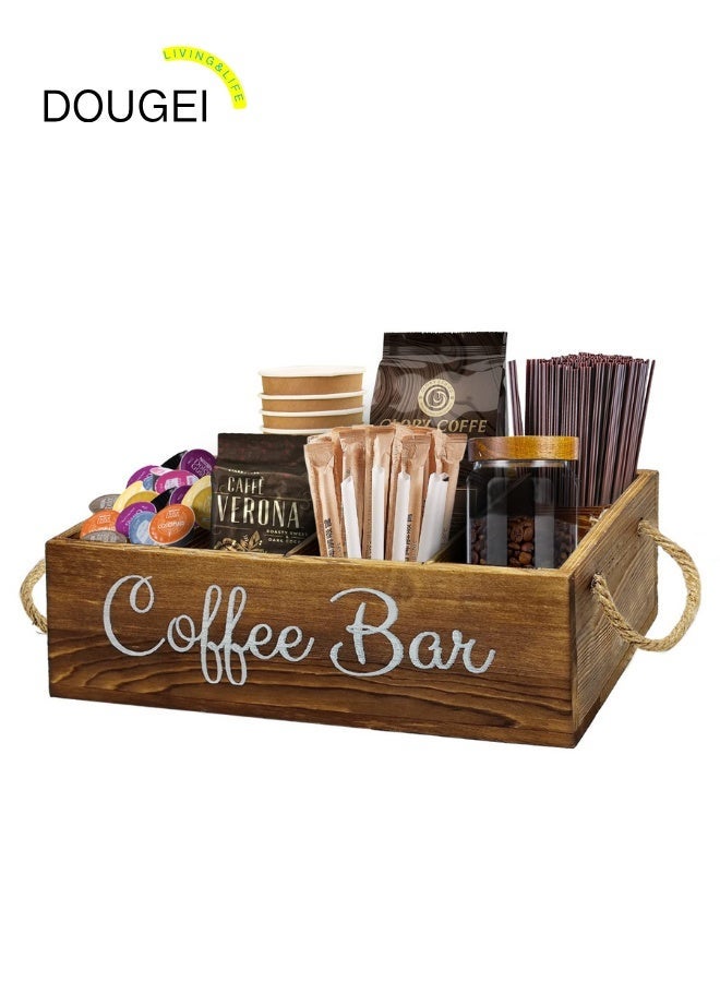 DOUGEI Coffee Station Organizer with Small Removable Dividers, Wooden Coffee Bar Accessories Storage For Countertop, Farmhouse cup Coffee Pod Holder Basket With Handle For Coffee Lover - Image 1