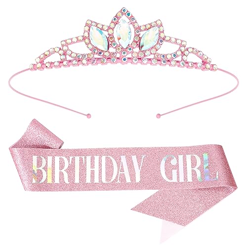 SuPoo Pink Birthday Tiara Crown for Girls - Crystal Rhinestone Princess Headband Accessory Gift - Image 1