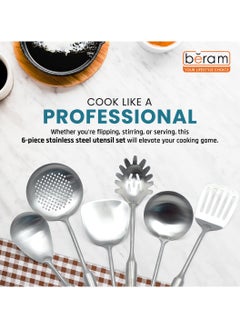 Beram Plain Stainless Steel Cooking Set, 304 Utensils Set of 6 with Stand, Pasta Server, Rice Scoop, Turner, Spatula, Soup Ladle, Skimmer, with Stand, Kitchen Tools for Daily Use with Storage Stand  - Image 2