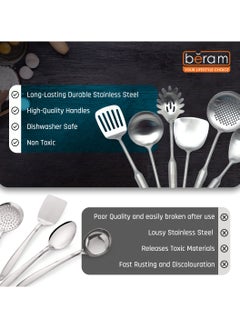 Beram Plain Stainless Steel Cooking Set, 304 Utensils Set of 6 with Stand, Pasta Server, Rice Scoop, Turner, Spatula, Soup Ladle, Skimmer, with Stand, Kitchen Tools for Daily Use with Storage Stand  - Image 3
