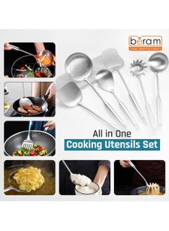 Beram Plain Stainless Steel Cooking Set, 304 Utensils Set of 6 with Stand, Pasta Server, Rice Scoop, Turner, Spatula, Soup Ladle, Skimmer, with Stand, Kitchen Tools for Daily Use with Storage Stand  - Image 4