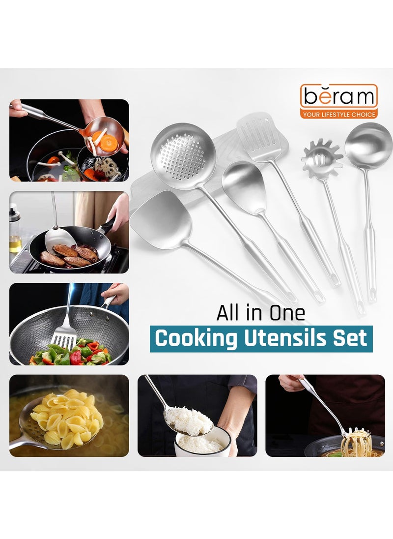 Plain Stainless Steel Cooking Set, 304 Utensils Set of 6 with Stand, Pasta Server, Rice Scoop, Turner, Spatula, Soup Ladle, Skimmer, with Stand, Kitchen Tools for Daily Use with Storage Stand