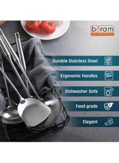 Beram Plain Stainless Steel Cooking Set, 304 Utensils Set of 6 with Stand, Pasta Server, Rice Scoop, Turner, Spatula, Soup Ladle, Skimmer, with Stand, Kitchen Tools for Daily Use with Storage Stand  - Image 5