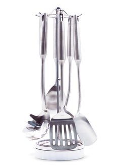 Beram Plain Stainless Steel Cooking Set, 304 Utensils Set of 6 with Stand, Pasta Server, Rice Scoop, Turner, Spatula, Soup Ladle, Skimmer, with Stand, Kitchen Tools for Daily Use with Storage Stand  - Image 1