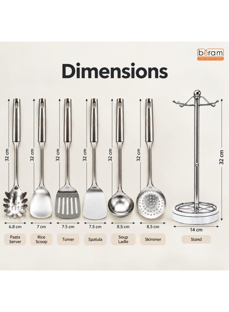 بيرام طقم أدوات مطبخ من الفولاذ المقاوم للصدأ (ستانلس ستيل) مكون من 6 قطع مع حامل من BERAM؛ طقم أدوات طهي من نوع 304 يضم ملعقة مسطحة (سباتولا)، وأداة تقليب، ومغرفة حساء، ومغرفة تصفية (سكيمر)، وملعقة تقديم المعكرونة، وملعقة أرز - لون فضي. - Image 2