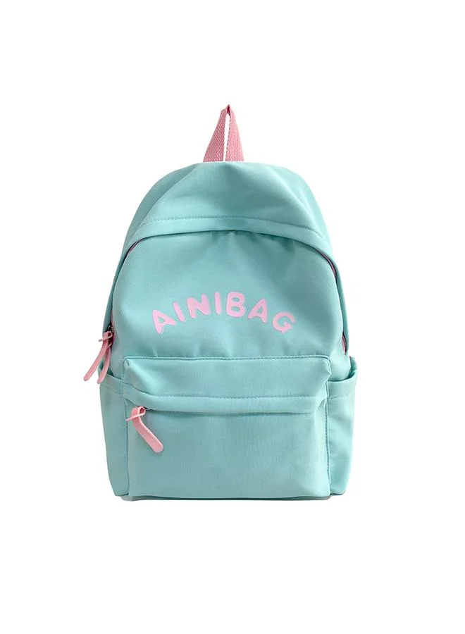 Take Two Aqua Nylon Backpack with Pink Lettering and Zip Closure