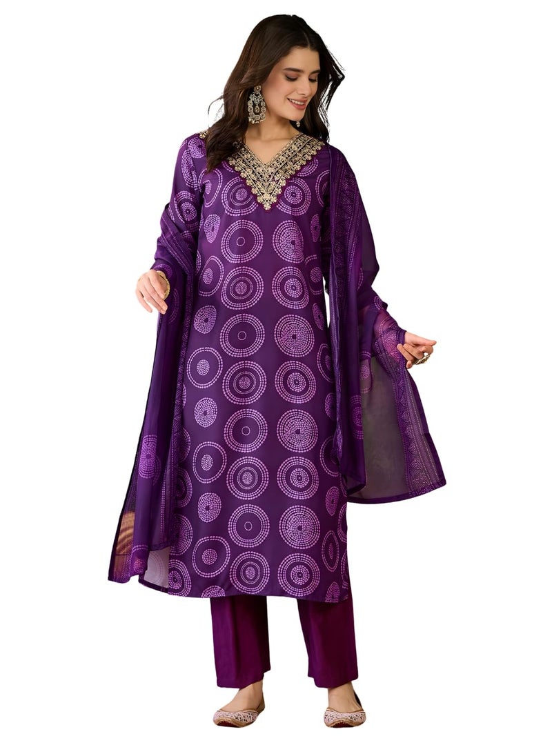 Naixa Women's Rayon Embroidered Straight Kurta with Pant and Dupatta Sets (NX-732-Purple-L) - Image 1