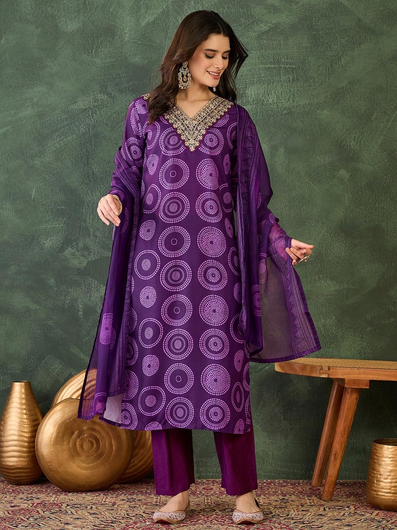 Naixa Women's Rayon Embroidered Straight Kurta with Pant and Dupatta Sets (NX-732-Purple-L) - Image 2